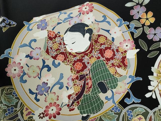 平和屋着物●豪華黒留袖 友禅 作家物 童子花唐草文 正絹 逸品 CABI2427yc