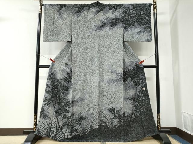 平和屋着物●訪問着 作家物 草木シルエット たたき染め 黒地 正絹 逸品 CABI2429yc