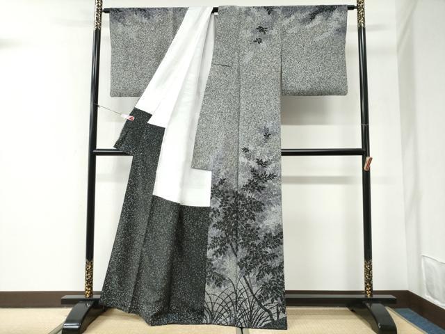 平和屋着物●訪問着 作家物 草木シルエット たたき染め 黒地 正絹 逸品 CABI2429yc