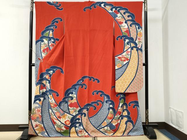 平和屋着物●豪華振袖 型染め 立波鳳凰吉祥花文 鬼しぼ縮緬 正絹 逸品 CABI2465yc
