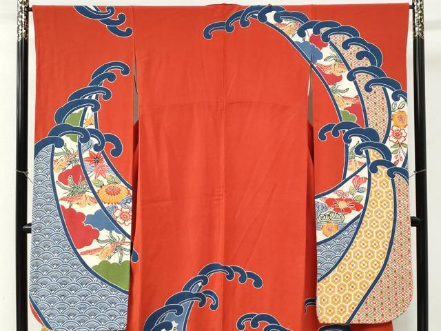 平和屋着物●豪華振袖 型染め 立波鳳凰吉祥花文 鬼しぼ縮緬 正絹 逸品 CABI2465yc