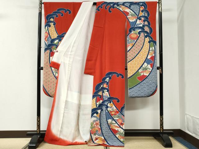平和屋着物●豪華振袖 型染め 立波鳳凰吉祥花文 鬼しぼ縮緬 正絹 逸品 CABI2465yc