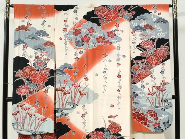 平和屋着物●豪華振袖 型染め 松竹梅菊牡丹花文 暈し染め 正絹 逸品 CABI2501yc