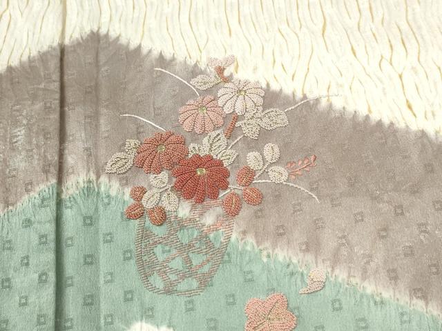 平和屋着物●中国三大刺繍 相良刺繍 訪問着 杢目絞り 花籠文 正絹 逸品 CABI2508yc