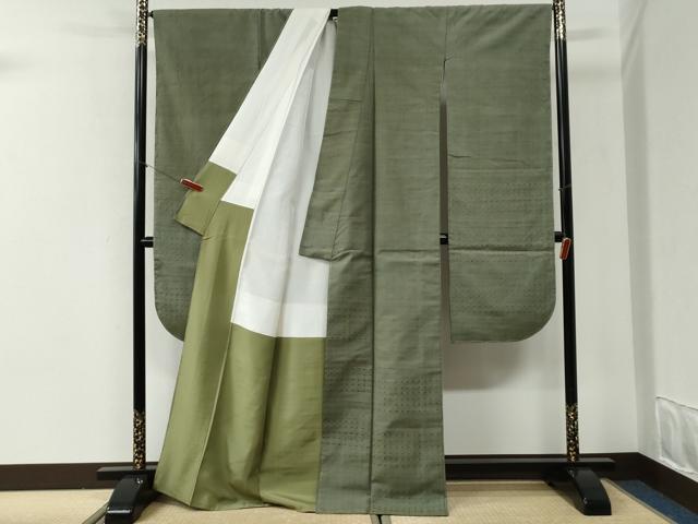 平和屋着物●希少 首里 ロートン織 道屯織 振袖 紬地 吉祥文 麹塵色 正絹 逸品 未使用 CABI2543yc