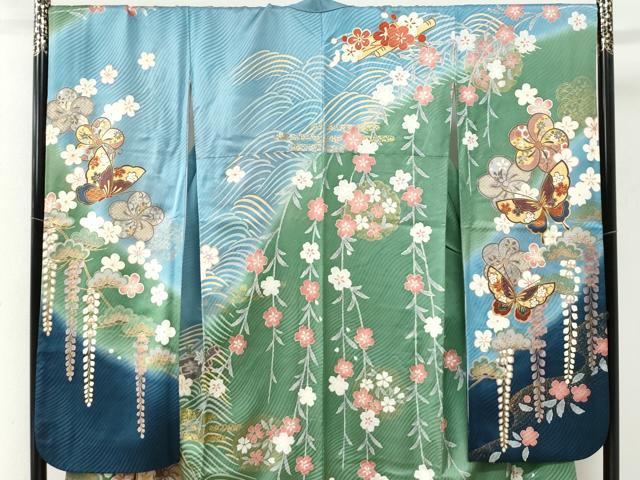 平和屋着物●豪華振袖 駒刺繍 浜松舞蝶花筏文 暈し染め 金彩 正絹 逸品 CABI2592yc