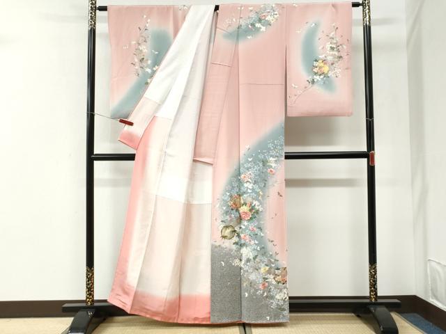 平和屋着物●英王室献上友禅作家 木下勝功 訪問着 刺繍 花蝶文 暈し染め 銀彩 正絹 逸品 CABI2628yc