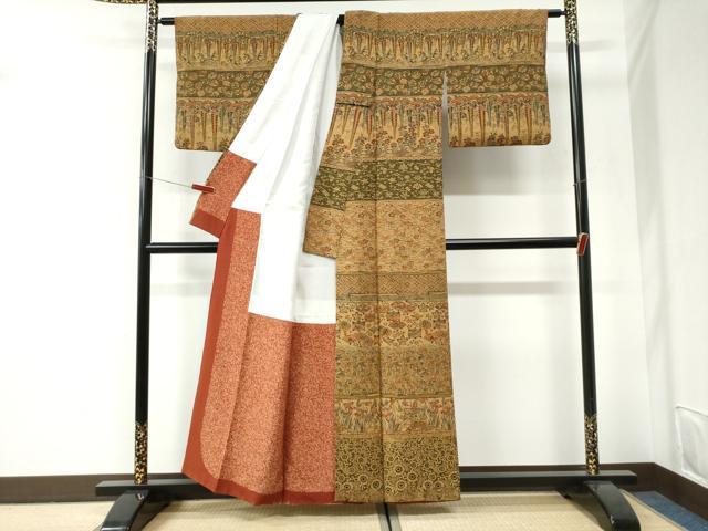 平和屋着物●訪問着 型染め 糸巻き花唐草文 正絹 逸品 CABI2649yc