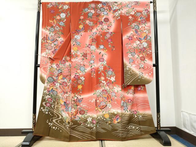 平和屋着物●豪華振袖 型染め 流水花蝶文 暈し染め 正絹 逸品 CABI2701yc