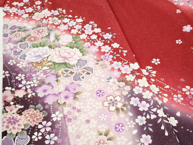 平和屋着物●豪華振袖 牡丹花文 ラメ糸 暈し染め 銀通し地 正絹 逸品 CABI2703yc
