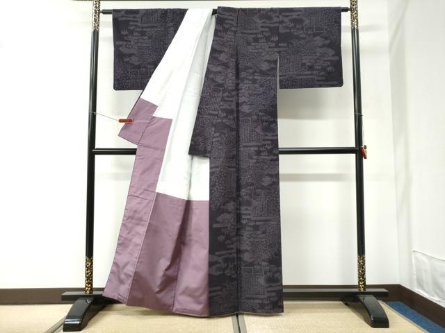 平和屋着物●結城紬 100亀甲 エ霞笹花文 正絹 逸品 CABI2706yc