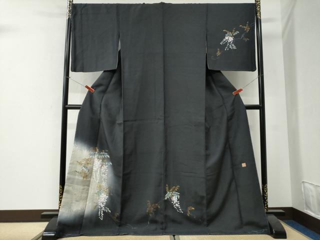 染色作家 植村彩弘 訪問着 暈し染め 藤の花 金彩 やまと誂製 正絹 平和屋着物○和紙染染色作家・植村彩弘 訪問着 藤花房 暈