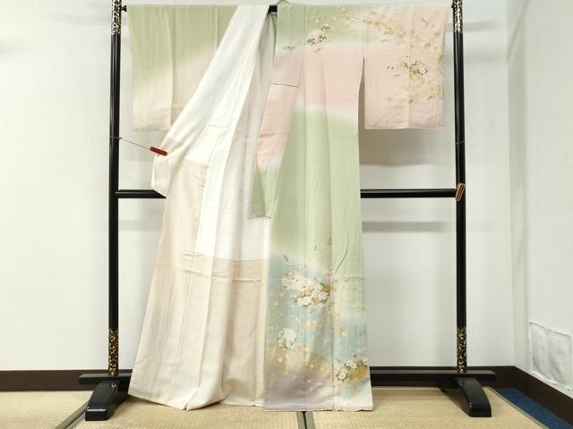 平和屋着物●訪問着 駒刺繍 地紙草花文 暈し染め 金彩 正絹 逸品 CABI2708yc