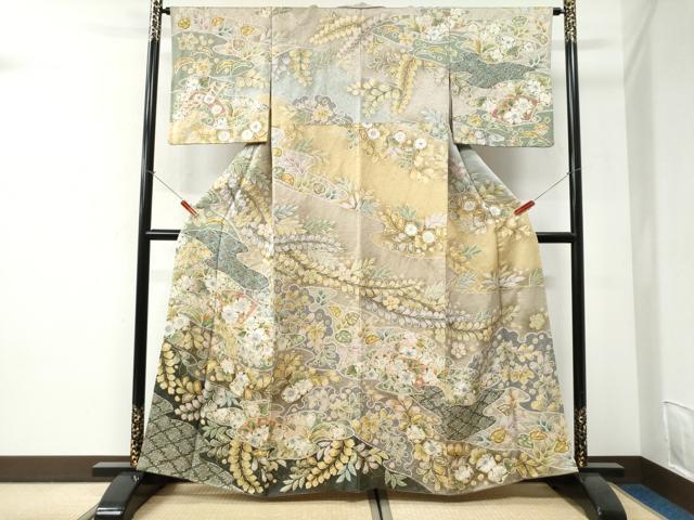 平和屋着物●越後十日町の一流染匠 桐屋・翠山工房 訪問着 辻が花 絞り 金通し地 正絹 逸品 CABI2713yc