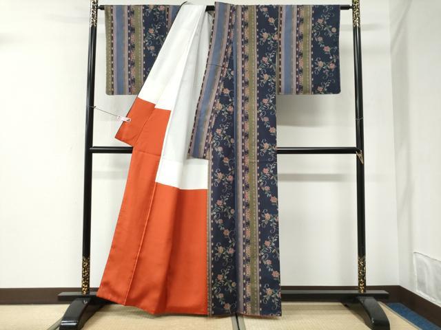 平和屋着物●上質な紬 天平の甍 更紗花唐草間道 反端付き 正絹 逸品 未使用 CABI2718yc