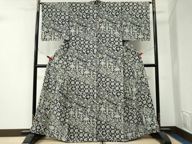 平和屋着物●上質な小紋 鳳凰動物桐花唐草文 紺地 正絹 逸品 CABI2719yc