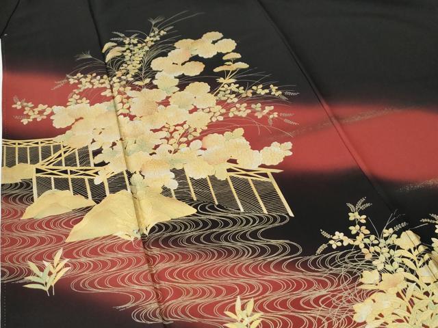 平和屋着物●訪問着 流水草花文 暈し染め 黒地 金彩 正絹 逸品 CABI2725yc