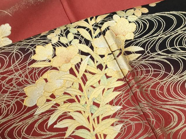 平和屋着物●訪問着 流水草花文 暈し染め 黒地 金彩 正絹 逸品 CABI2725yc