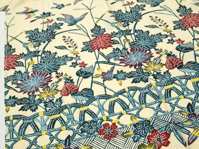 平和屋着物●訪問着 型染め 籬花鳥文 正絹 逸品 CABI2728yc