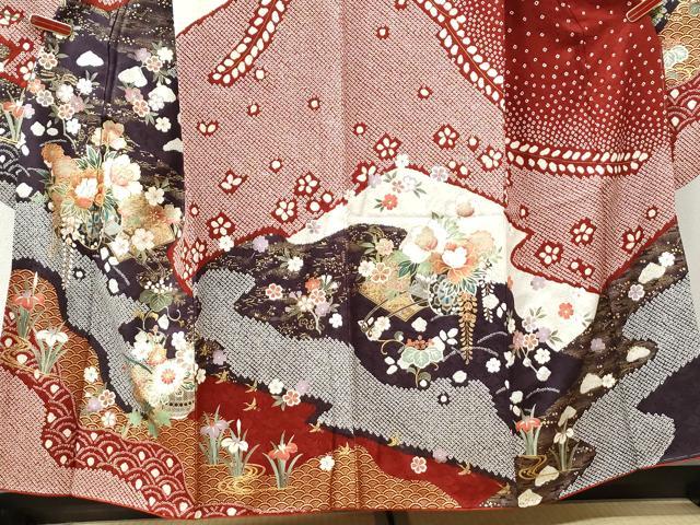 平和屋着物●豪華振袖 駒刺繍 絞り 青海波地紙花車文 金彩 正絹 逸品 CABI2752yc