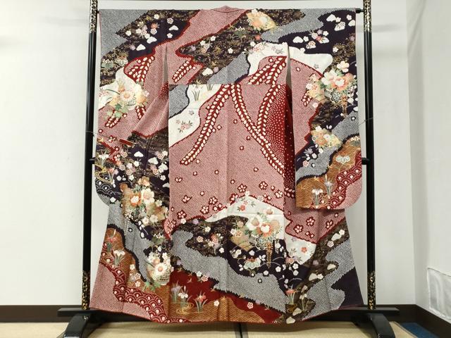 平和屋着物●豪華振袖 駒刺繍 絞り 青海波地紙花車文 金彩 正絹 逸品 CABI2752yc