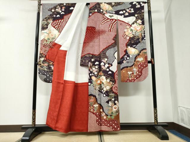 平和屋着物●豪華振袖 駒刺繍 絞り 青海波地紙花車文 金彩 正絹 逸品 CABI2752yc