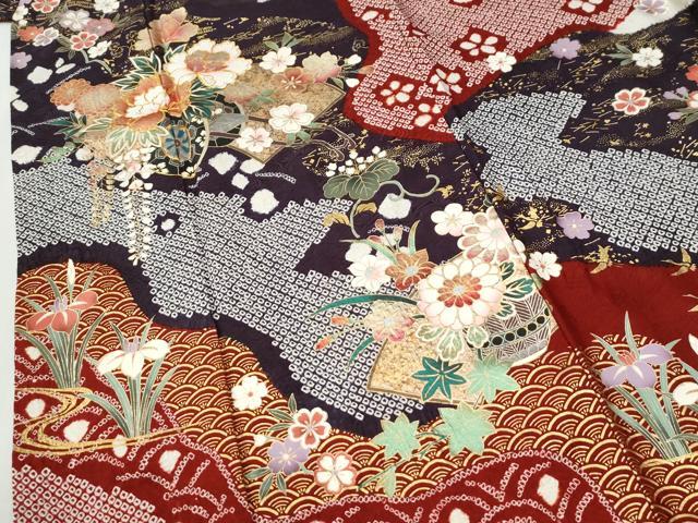 平和屋着物●豪華振袖 駒刺繍 絞り 青海波地紙花車文 金彩 正絹 逸品 CABI2752yc