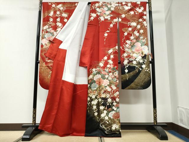 平和屋着物●豪華振袖 駒刺繍 牡丹花車文 暈し染め 銀通し地 正絹 逸品 CABI2758yc