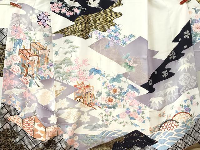 平和屋着物●豪華振袖 駒刺繍 御所車飛鶴吉祥草花文 金彩 正絹 逸品 CABI2779yc