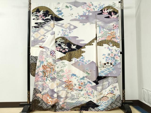 平和屋着物●豪華振袖 駒刺繍 御所車飛鶴吉祥草花文 金彩 正絹 逸品 CABI2779yc