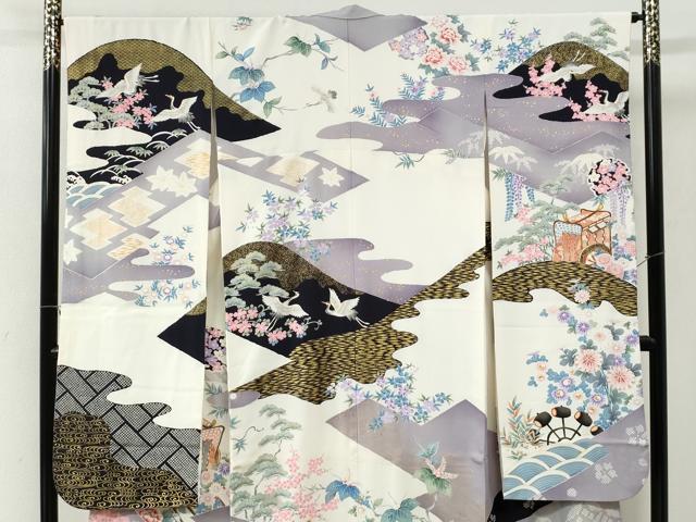 平和屋着物●豪華振袖 駒刺繍 御所車飛鶴吉祥草花文 金彩 正絹 逸品 CABI2779yc