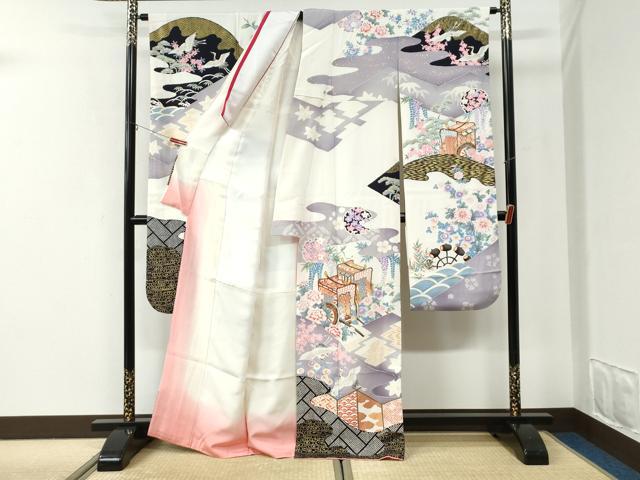 平和屋着物●豪華振袖 駒刺繍 御所車飛鶴吉祥草花文 金彩 正絹 逸品 CABI2779yc