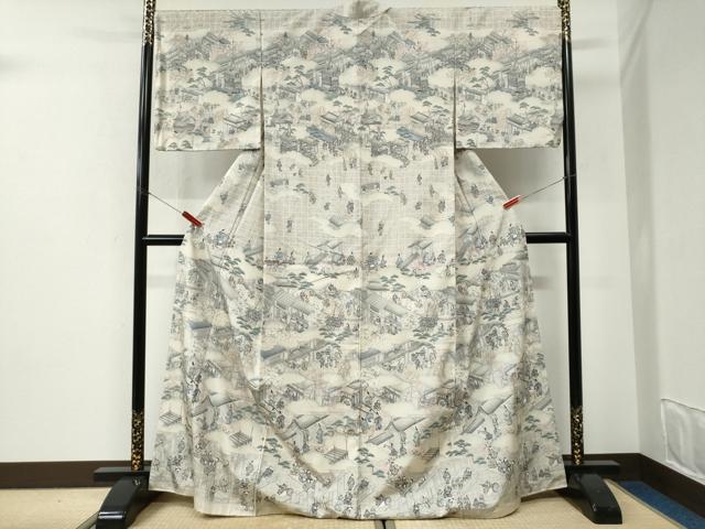平和屋着物●訪問着 紬地 作家物 手描き 雲取り人物風景文 正絹 逸品 CABI2802yc