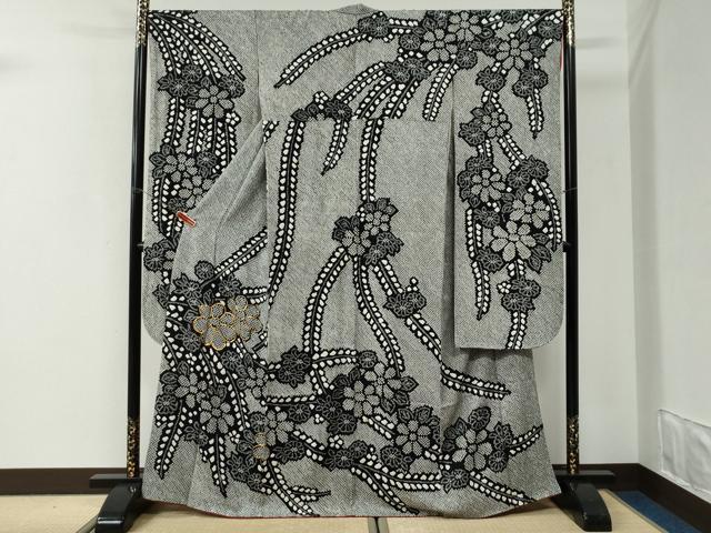 平和屋着物●豪華振袖 総絞り 駒刺繍 枝垂れ草花文 黒地 正絹 逸品 CABI2819yc
