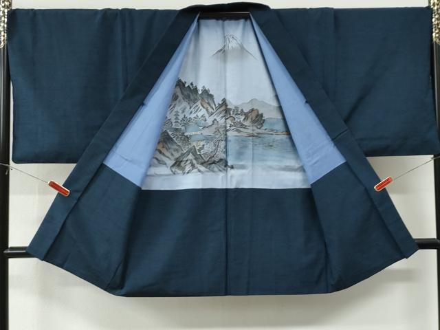 平和屋着物●男性 紬 アンサンブル 色無地 濃紺地 キングサイズ 正絹 逸品 CABI2862yc