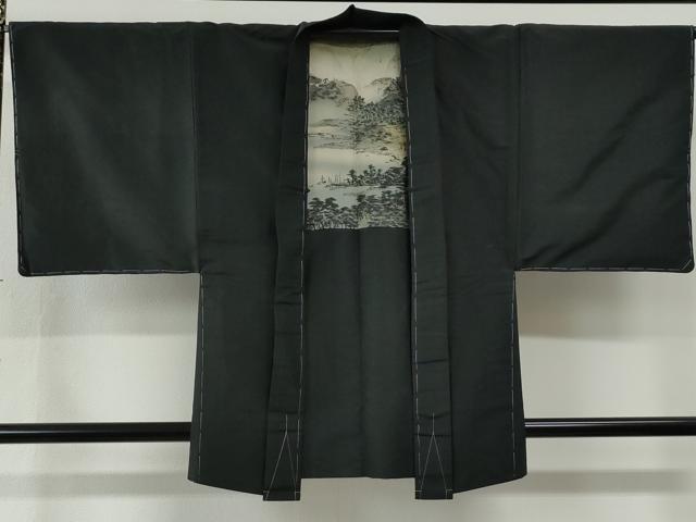 平和屋着物●男性 紬 アンサンブル 色無地 黒地 正絹 逸品 未使用 CABI2865yc