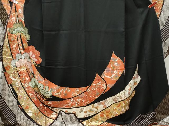 平和屋着物●豪華振袖・長襦袢セット 几帳松宝尽くし文 黒地 金彩 半衿刺繍 正絹 逸品 CABI2866yc