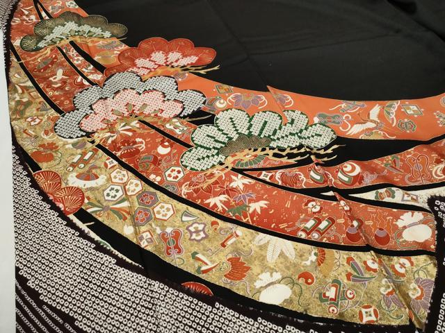 平和屋着物●豪華振袖・長襦袢セット 几帳松宝尽くし文 黒地 金彩 半衿刺繍 正絹 逸品 CABI2866yc