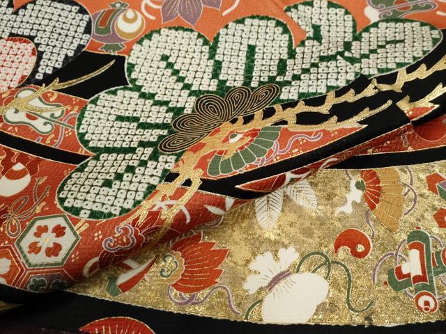 平和屋着物●豪華振袖・長襦袢セット 几帳松宝尽くし文 黒地 金彩 半衿刺繍 正絹 逸品 CABI2866yc