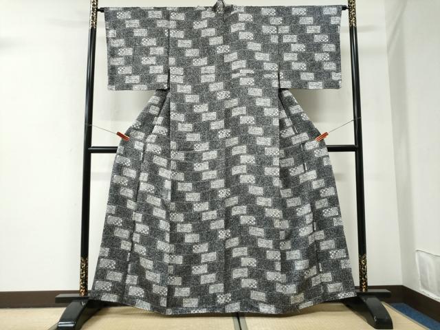 平和屋着物●上質な小紋 短冊吉祥文 たたき染め 黒地 正絹 逸品 未使用 CABI2879yc