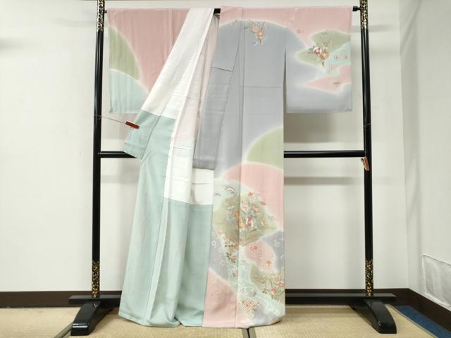 平和屋着物●訪問着 駒刺繍 流水草花文 暈し染め 金彩 正絹 逸品 CABI2912yc