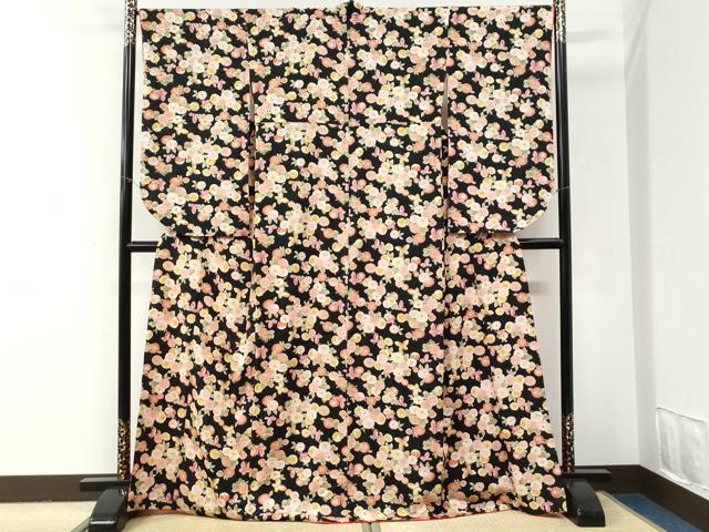 平和屋着物●小振袖 二尺袖 花蝶文 黒地 洗える着物 CABI2916yc