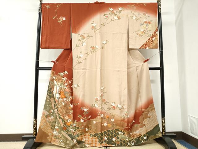 平和屋着物●訪問着 駒刺繍 松竹梅風景扇橘花文 暈し染め 金彩 正絹 逸品 CABI2962yc