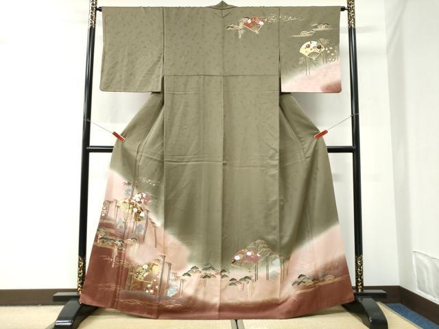 平和屋着物●訪問着 松竹梅扇面花文 暈し染め 金彩 正絹 逸品 CABI2987yc