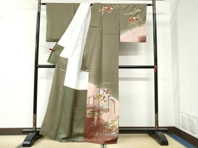 平和屋着物●訪問着 松竹梅扇面花文 暈し染め 金彩 正絹 逸品 CABI2987yc