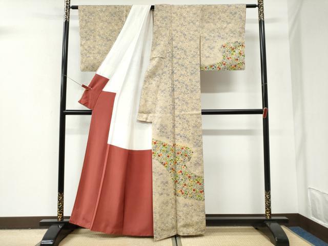平和屋着物●訪問着 型染め 流水草花文 正絹 逸品 未使用 CABI2991yc