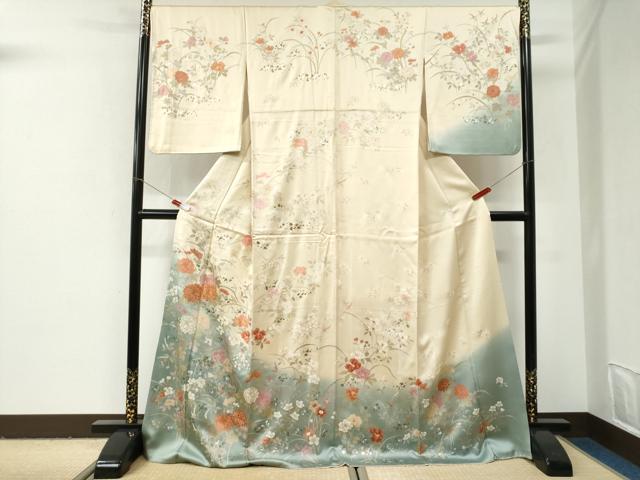 平和屋着物●訪問着 駒刺繍 牡丹花文 暈し染め 金銀彩 ロング丈 正絹 逸品 CABI2996yc