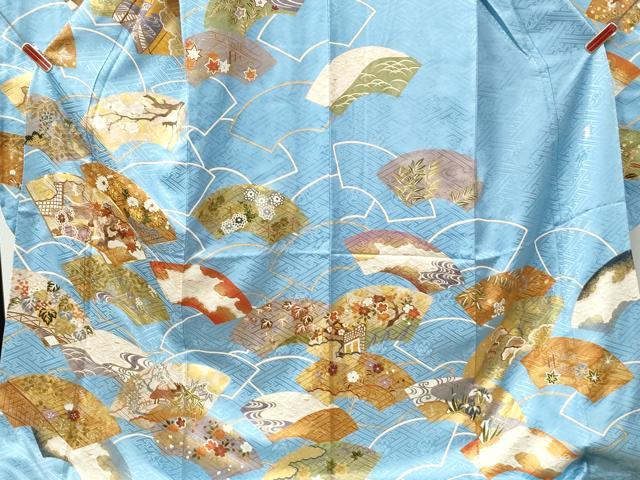 平和屋着物●十日町老舗ブランド 吉澤友禅 吾妻徳穂 振袖 駒刺繍 地紙重ね風景花文 金彩 正絹 逸品 未使用 CABI2998yc