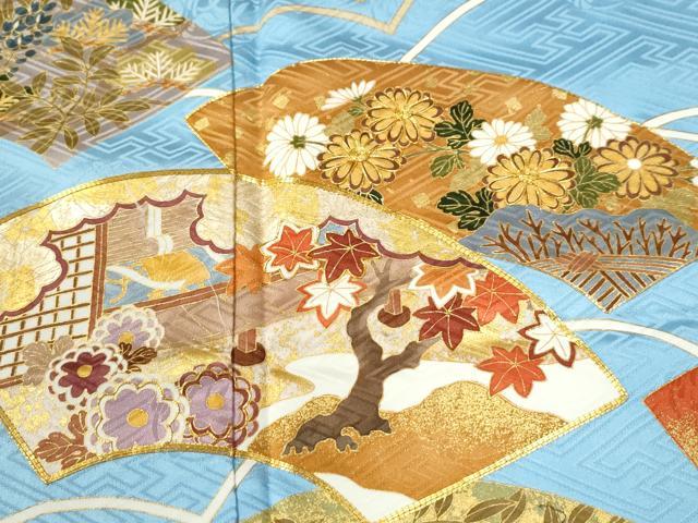 平和屋着物●十日町老舗ブランド 吉澤友禅 吾妻徳穂 振袖 駒刺繍 地紙重ね風景花文 金彩 正絹 逸品 未使用 CABI2998yc