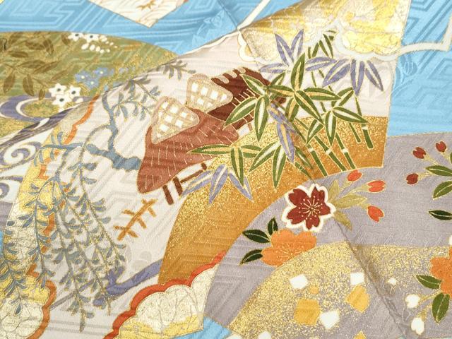 平和屋着物●十日町老舗ブランド 吉澤友禅 吾妻徳穂 振袖 駒刺繍 地紙重ね風景花文 金彩 正絹 逸品 未使用 CABI2998yc